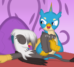 Size: 3527x3186 | Tagged: safe, artist:porygon2z, gallus, oc, oc:raiza, griffon, g4, canon x oc, female, high res, male, not gilda, ship:railus, tickling