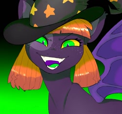 Size: 638x597 | Tagged: safe, artist:woollyart, oc, oc only, oc:tricky treat, bat pony, pony, female, gradient background, hat, looking at you, open mouth, smiling, solo, spread wings, wings, witch hat