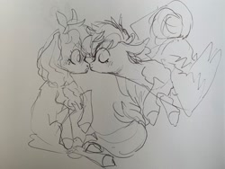 Size: 2048x1536 | Tagged: safe, artist:woollyart, applejack, rainbow dash, earth pony, pegasus, pony, g4, duo, eyes closed, female, imminent kissing, kissing, lesbian, mare, ship:appledash, shipping, sketch, spread wings, surprised, traditional art, wings