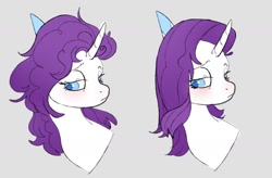 Size: 1170x766 | Tagged: safe, artist:woollyart, rarity, pony, unicorn, g4, alternate hairstyle, blushing, curved horn, female, horn, lidded eyes, sad, sick, simple background, solo