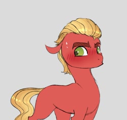 Size: 678x641 | Tagged: safe, artist:woollyart, sprout cloverleaf, earth pony, pony, g5, my little pony: a new generation, blushing, embarrassed, floppy ears, gray background, male, simple background, solo, stallion, sweat