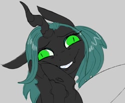 Size: 957x794 | Tagged: safe, artist:woollyart, queen chrysalis, changeling, changeling queen, g4, derp, female, floppy ears, gray background, grin, simple background, smiling, solo