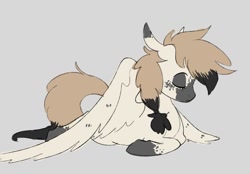 Size: 1115x778 | Tagged: safe, artist:woollyart, oc, oc only, oc:sleepy frostbite, pegasus, pony, eyes closed, gray background, lying down, simple background, solo, spread wings, wings
