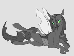 Size: 907x685 | Tagged: safe, artist:woollyart, queen chrysalis, changeling, changeling queen, g4, female, gray background, looking at you, lying down, simple background, sketch, solo