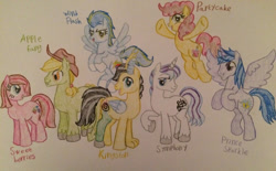 Size: 1200x742 | Tagged: safe, artist:gibina4ever, oc, oc:apple fang, oc:kingston, oc:partycake, oc:prince sparkle, oc:sweet berries, oc:symphony, oc:wind flash, dracony, hybrid, interspecies offspring, next generation, offspring, parent:applejack, parent:cheese sandwich, parent:discord, parent:fancypants, parent:flash sentry, parent:fluttershy, parent:pinkie pie, parent:rainbow dash, parent:rarity, parent:soarin', parent:spike, parent:twilight sparkle, parents:applespike, parents:cheesepie, parents:discoshy, parents:flashlight, parents:raripants, parents:soarindash, traditional art