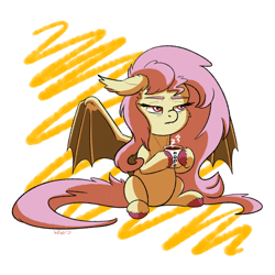 Size: 1280x1280 | Tagged: safe, artist:will-owl-the-wisp, fluttershy, bat pony, pony, g4, bags under eyes, bat ponified, coffee, coffee mug, female, flutterbat, hoof hold, lidded eyes, mare, mug, race swap, simple background, sitting, sleeping, solo, white background