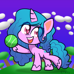 Size: 1200x1200 | Tagged: safe, artist:empyu, izzy moonbow, pony, unicorn, g4.5, g5, my little pony: a new generation, my little pony: pony life, ball, cute, eye clipping through hair, female, g5 to g4.5, generation leap, happy, izzy's tennis ball, izzybetes, mare, open mouth, open smile, smiling, solo, tennis ball