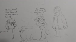 Size: 2048x1157 | Tagged: safe, artist:pony quarantine, oc, oc only, oc:anon, human, pony, yakutian horse, cauldron, female, grayscale, it's a trap, male, mare, monochrome, pencil drawing, snow mare, traditional art