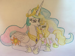 Size: 2048x1536 | Tagged: safe, artist:gibina4ever, princess celestia, oc, oc:princess blossom, alicorn, pony, g4, adopted offspring, horn, next generation, offspring, parent:princess celestia, story included, traditional art, wings