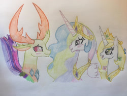 Size: 2828x2121 | Tagged: safe, artist:gibina4ever, princess celestia, thorax, oc, oc:princess blossom, alicorn, changedling, changeling, pony, g4, adopted offspring, female, high res, horn, king thorax, male, next generation, offspring, parent:princess celestia, shipping, straight, thoralestia, traditional art, wings