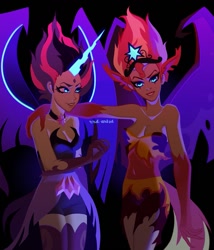 Size: 855x1000 | Tagged: safe, artist:rrd-artist, sci-twi, sunset shimmer, twilight sparkle, equestria girls, g4, bare shoulders, breasts, clothes, costume, female, glowing, glowing eyes, halloween, halloween costume, looking at you, midnight sparkle, midnightsatan, sleeveless, smiling, spread wings, strapless, sunset satan, wings