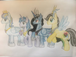 Size: 2828x2121 | Tagged: safe, artist:gibina4ever, oc, oc:kingston, oc:prince knight shield, oc:prince phantom, oc:prince sparkle, alicorn, hybrid, pony, alicorn oc, high res, horn, interspecies offspring, next generation, offspring, parent:discord, parent:flash sentry, parent:fluttershy, parent:king sombra, parent:princess cadance, parent:princess luna, parent:shining armor, parent:twilight sparkle, parents:discoshy, parents:flashlight, parents:shiningcadance, prince, traditional art, wings