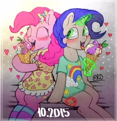 Size: 1400x1450 | Tagged: safe, artist:rrd-artist, pinkie pie, oc, oc:bloody sword, earth pony, pony, unicorn, g4, bench, bow, clothes, dress, female, food, hair bow, happy, ice cream, shirt, smiling, tongue out