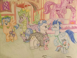 Size: 2828x2121 | Tagged: safe, artist:gibina4ever, fancypants, flash sentry, soarin', spike, oc, oc:gideon, oc:hurricane storm, oc:venus, oc:violetta, dracony, dragon, hybrid, g4, daddy fancypants, daddy flash sentry, daddy soarin', daddy spike, high res, interspecies offspring, next generation, offspring, older, older spike, parent:applejack, parent:fancypants, parent:flash sentry, parent:rainbow dash, parent:rarity, parent:soarin', parent:spike, parent:twilight sparkle, parents:applespike, parents:flashlight, parents:raripants, parents:soarindash, traditional art, unshorn fetlocks