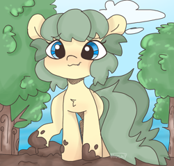 Size: 1288x1232 | Tagged: safe, artist:mushy, oc, oc only, oc:pea, earth pony, pony, blue eyes, chest fluff, cloud, day, eyebrows, eyebrows visible through hair, female, filly, mud, outdoors, sky, smiling, solo, tree