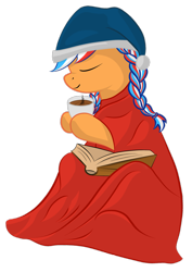 Size: 2063x2906 | Tagged: safe, artist:mistergi, oc, oc only, oc:ember (hwcon), pony, hearth's warming con, blanket, book, chocolate, chocolate milk, female, high res, mascot, milk, nation ponies, netherlands, ponified, simple background, solo, transparent background