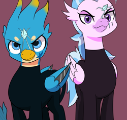 Size: 1454x1378 | Tagged: safe, artist:chedx, gallus, silverstream, griffon, hippogriff, comic:the storm kingdom, g4, blade, bodysuit, clothes, crystal of light, female, male, simple background, the storm 6, the storm six, uniform, weapon, wingblade
