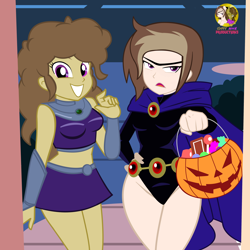 Size: 3920x3920 | Tagged: safe, artist:succubi samus, oc, oc:moon pearl, oc:rella, equestria girls, g4, candy, clothes, cosplay, costume, duo, female, food, halloween, halloween costume, high res, holiday, raven (dc comics), show accurate, sports bra, starfire, teen titans, trick or treat