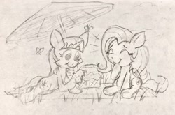 Size: 3312x2188 | Tagged: safe, artist:gorby, derpibooru exclusive, fluttershy, twilight sparkle, pegasus, pony, unicorn, g4, high res, pencil drawing, picnic, traditional art, unicorn twilight