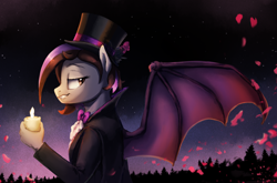 Size: 2084x1376 | Tagged: safe, artist:thebowtieone, oc, oc only, oc:bowtie, bat pony, undead, vampire, anthro, bowtie, candle, female, hat, solo, top hat