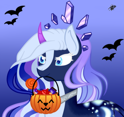 Size: 3392x3196 | Tagged: safe, artist:princessmoonsilver, oc, oc only, oc:nahisa abend, pony, unicorn, female, high res, mare, mouth hold, pumpkin bucket, solo