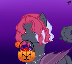 Size: 3392x3000 | Tagged: safe, artist:princessmoonsilver, oc, oc only, oc:renzo katsumoto, bat pony, pony, gradient background, high res, male, mouth hold, pumpkin bucket, solo, stallion