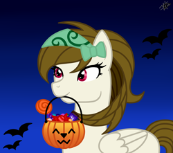 Size: 3392x3000 | Tagged: safe, artist:princessmoonsilver, oc, oc only, oc:rose cream, pegasus, pony, female, gradient background, high res, mare, mouth hold, pumpkin bucket, solo