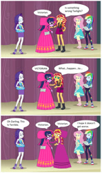 Size: 1280x2161 | Tagged: safe, artist:brightstar40k, fluttershy, rainbow dash, rarity, sci-twi, sunset shimmer, twilight sparkle, zombie, equestria girls, g4, my little pony equestria girls: better together, stressed in show, bonnet, clothes, comic, hypno eyes, hypnosis, hypnotized, long dress, long skirt, rarity peplum dress, skirt, transforming clothes, victorian, victorian dress