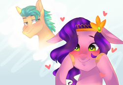 Size: 1600x1105 | Tagged: safe, artist:waterz-colrxz, hitch trailblazer, pipp petals, earth pony, pegasus, pony, g5, my little pony: a new generation, adorapipp, blushing, bust, cute, female, floating heart, heart, male, ship:pitch, shipping, smiling, straight, thought bubble