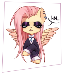 Size: 3239x3810 | Tagged: safe, artist:winnievincent, fluttershy, pegasus, pony, g4, clothes, crossed hooves, dress, eyes closed, female, fluttergoth, high res, jewelry, lidded eyes, looking at you, mare, necklace, simple background, unimpressed, white background