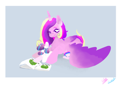 Size: 5787x4092 | Tagged: safe, artist:lunastudiolive, princess cadance, princess flurry heart, oc, alicorn, pony, g4, book, cute, female, filly, filly flurry heart, mare, mother and child, mother and daughter, offspring, older, older flurry heart, parent:princess cadance, parent:shining armor, parents:shiningcadance, trio, wing blanket, winghug, wings