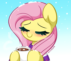 Size: 5384x4603 | Tagged: safe, artist:kittyrosie, fluttershy, pegasus, pony, g4, absurd resolution, blushing, bust, chocolate, clothes, cozy, cup, cute, eyes closed, female, food, gradient background, hoof hold, hot chocolate, mare, mug, shyabetes, smiling, snow, snow on nose, snowfall, solo, sweet dreams fuel, three quarter view