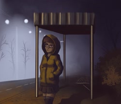 Size: 1341x1146 | Tagged: safe, artist:escapist, sci-twi, twilight sparkle, equestria girls, g4, bus stop, fog, night, road, tree