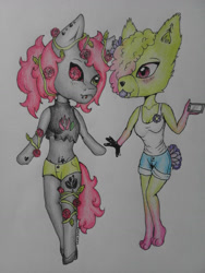 Size: 972x1296 | Tagged: safe, artist:brot-art, oc, oc only, oc:rosalina, wolf, anthro, digitigrade anthro, unguligrade anthro, arm hooves, cellphone, clothes, flower, hanahaki disease, phone, rose, shorts, smartphone, smiling, traditional art