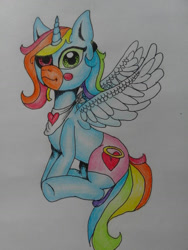 Size: 972x1296 | Tagged: safe, artist:brot-art, oc, alicorn, pony, alicorn oc, clothes, female, heterochromia, horn, multicolored hair, neckerchief, rainbow hair, shorts, sitting, traditional art, underhoof, wings