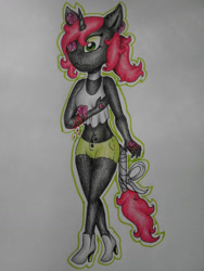 Size: 972x1296 | Tagged: safe, artist:brot-art, oc, oc only, oc:rosalia, unicorn, anthro, clothes, female, hanahaki disease, high heels, horn, shoes, shorts, solo, tail, tail wrap, traditional art, unicorn oc