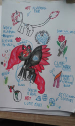 Size: 768x1280 | Tagged: safe, artist:brot-art, oc, oc only, alicorn, pony, alicorn oc, dagger, flower, horn, red and black oc, reference sheet, slit pupils, smiling, traditional art, weapon, wings