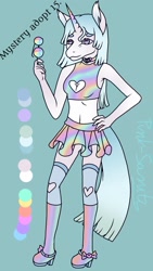 Size: 720x1280 | Tagged: safe, artist:brot-art, oc, oc only, unicorn, anthro, choker, clothes, hand on hip, high heels, horn, midriff, reference sheet, shoes, skirt, smiling, solo, sports bra, unicorn oc