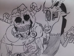 Size: 800x600 | Tagged: safe, artist:cat-morrison, discord, draconequus, lich, undead, g4, adventure time, bone, bust, crossover, grin, lineart, male, skeleton, smiling, swirly eyes, traditional art