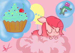 Size: 700x500 | Tagged: safe, artist:cat-morrison, gummy, pinkie pie, alligator, earth pony, pony, g4, cloud, cupcake, cute, cuteamena, dream, duo, eyes closed, female, fluffy mane, food, mare, on a cloud, pink background, pinkamena diane pie, signature, simple background, sleeping, sweet dreams fuel