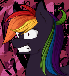 Size: 653x722 | Tagged: safe, artist:herusann, rainbow dash, pegasus, pony, g4, abstract background, angry, bust, female, gritted teeth, mare, nightmare rainbow dash, nightmarified, solo