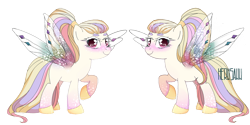 Size: 1280x640 | Tagged: safe, artist:herusann, oc, oc only, pony, blushing, butterfly wings, duo, raised hoof, simple background, smiling, transparent background, wings