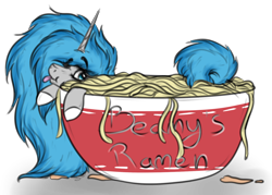 Size: 1738x1243 | Tagged: safe, artist:beamybutt, oc, oc only, oc:moonbeam, food pony, pony, unicorn, :p, cup, cup of pony, ear fluff, eyelashes, female, food, horn, mare, micro, noodle, ponified, simple background, tongue out, transparent background, unicorn oc