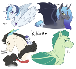 Size: 1600x1458 | Tagged: safe, artist:royvdhel-art, oc, oc only, oc:dove, oc:identity, oc:prince illusion, oc:princess nidra, oc:turquoise blitz, alicorn, bat pony, bat pony alicorn, draconequus, dracony, hybrid, pony, bat pony oc, bat wings, draconequus oc, ethereal mane, female, horn, interspecies offspring, jewelry, male, mismatched horns, necklace, offspring, parent:discord, parent:oc:crystal clarity, parent:oc:prince illusion, parent:oc:supernova, parent:princess celestia, parent:rarity, parent:spike, parent:unnamed oc, parents:canon x oc, parents:dislestia, parents:oc x oc, parents:sparity, ponies riding ponies, riding, simple background, smiling, starry mane, white background, wings