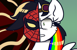 Size: 1024x667 | Tagged: safe, artist:tranzmuteproductions, oc, oc only, oc:lightning bliss, alicorn, pony, alicorn oc, bust, clothes, cosplay, costume, eyelashes, female, goggles, horn, male, mare, marvel, mask, solo, spider-man, wings