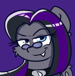 Size: 1024x1034 | Tagged: safe, artist:tranzmuteproductions, oc, oc only, oc:luna, bat pony, pony, bat pony oc, bat wings, bedroom eyes, choker, female, freckles, glasses, purple background, simple background, solo, sunglasses, wings