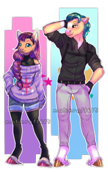 Size: 1080x1728 | Tagged: safe, artist:malinraf1615, hitch trailblazer, sunny starscout, earth pony, anthro, unguligrade anthro, g5, my little pony: a new generation, braided ponytail, clothes, female, jeans, male, pants, ship:starblazer, shipping, straight, sweater, unshorn fetlocks