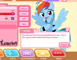 Size: 1116x860 | Tagged: safe, artist:tcgamebot, edit, screencap, rainbow dash, pegasus, pony, g4, blushing, clothes, crossover, crush crush, dialogue, female, game, iro, looking at you, mare, parody, ponified, pony cameo, pony reference, show accurate, solo, text
