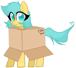 Size: 453x406 | Tagged: dead source, safe, artist:softpound, oc, oc only, oc:boxfilly, pegasus, pony, box, cardboard box, fake cutie mark, female, filly, looking at you, pegasus oc, simple background, smiling, smiling at you, solo, white background