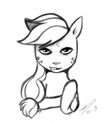 Size: 860x972 | Tagged: safe, artist:imalou, applejack, earth pony, pony, g4, bust, grayscale, looking at you, monochrome, old art, solo, tongue out